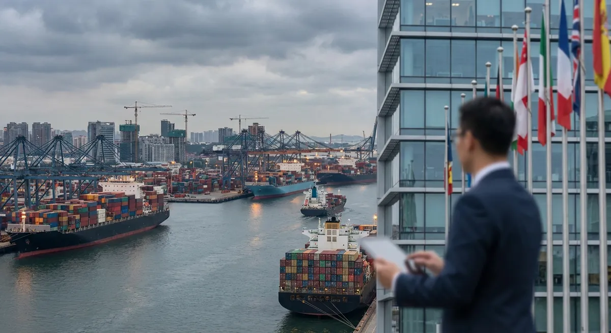 Slika je umetno generirana iz tem: trgovina, geopolitika, gospodarsko sodelovanje