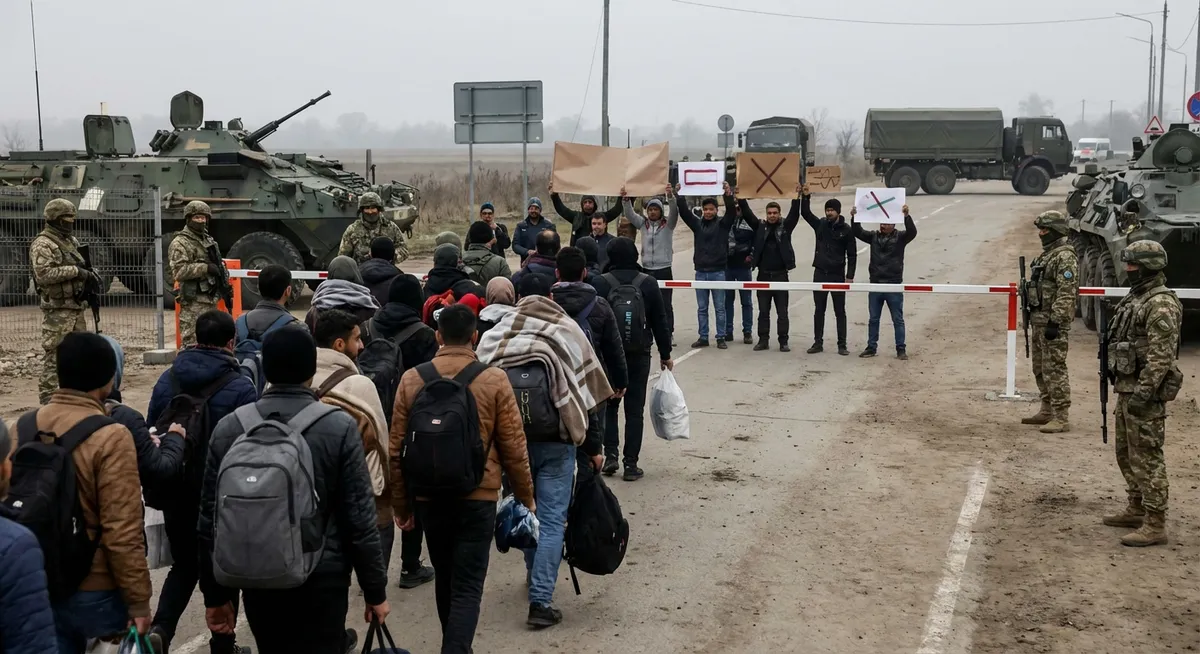 Slika je umetno generirana iz tem: vojaške operacije, protesti, migracije