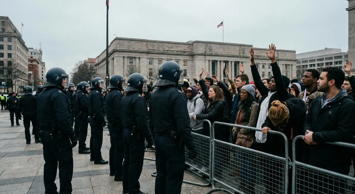 Slika je umetno generirana iz tem: človekove pravice, politika, delo, državljanske pravice, kriminal, migracije, policijsko nasilje, požari