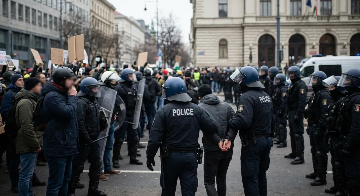 Slika je umetno generirana iz tem: aretacije, protesti, nemiri, človekove pravice