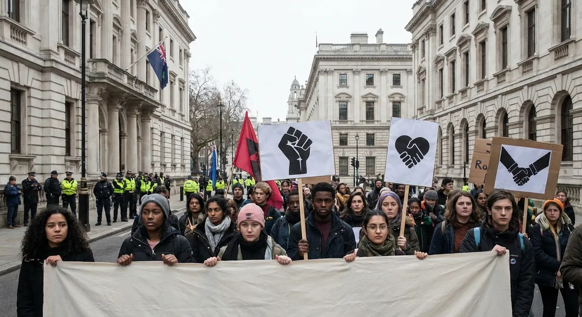 Slika je umetno generirana iz tem: migracijska politika, kritike vlade, ksenofobija, politika, kritike, podpora, rasizem, notranja politika, mestna podoba, izjave, migracije, protesti