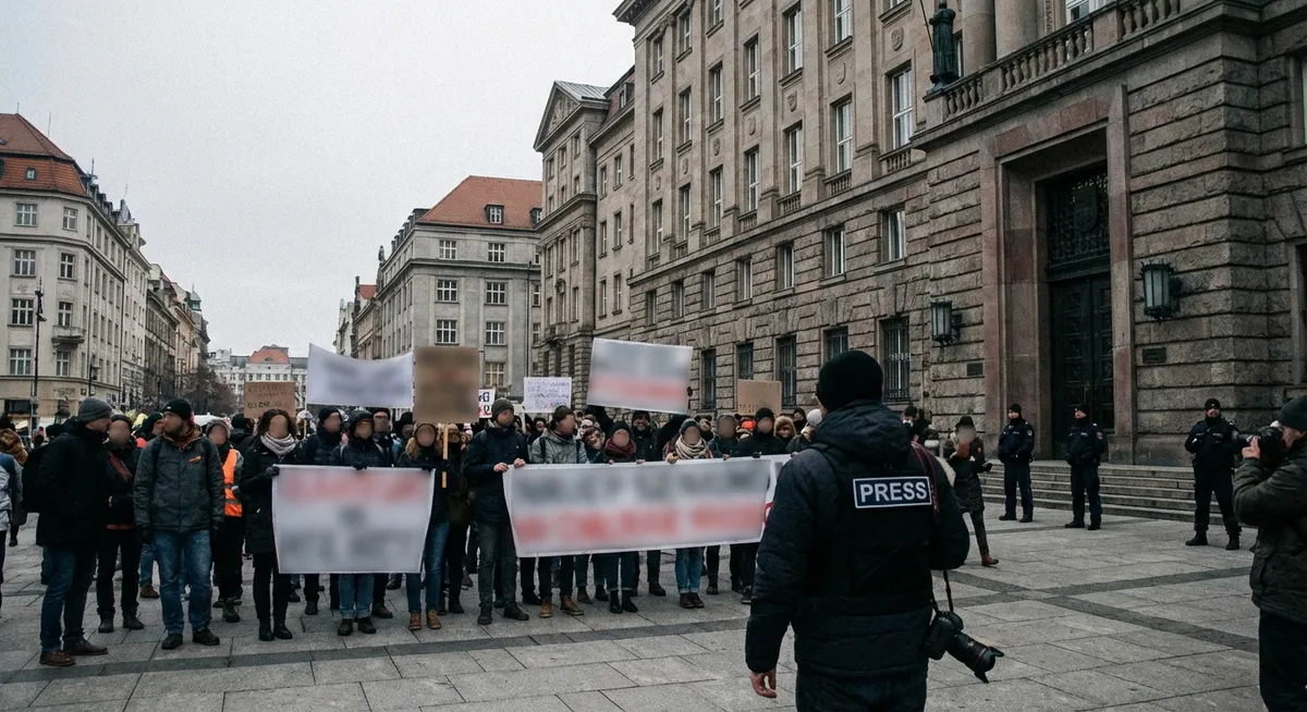 Slika je umetno generirana iz tem: korupcija, protesti, svoboda tiska, policijska ura, politika