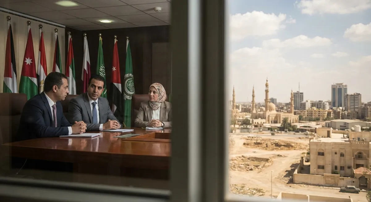 Slika je umetno generirana iz tem: bližnjevzhodna kriza, politika, mednarodni odnosi, palestinsko-izraelski konflikt, pogajanja, diplomacija, mirovni procesi, srečanja voditeljev, zunanja politika zda