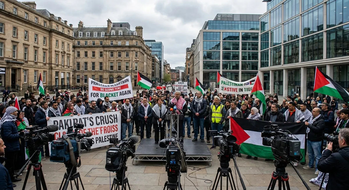 Slika je umetno generirana iz tem: talci, mirovni procesi, protesti, palestinsko-izraelski konflikt
