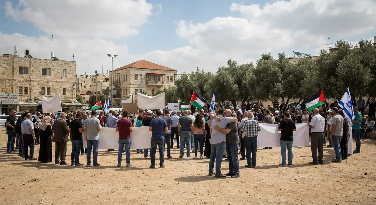 Slika je umetno generirana iz tem: embargo na orožje, premirje, mednarodna kritika izraela, spomin na žrtve, mednarodni odnosi, gaza, protesti, kritike, propaganda, palestinsko-izraelski konflikt, protesti proti izraelu, talci, napad na dom politika