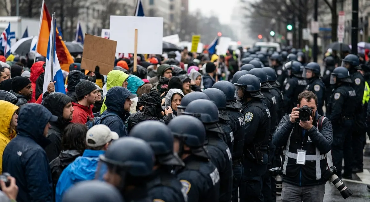Slika je umetno generirana iz tem: migracije, protesti, svoboda tiska, policija, policijska pooblastila