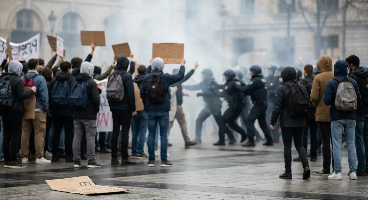 Slika je umetno generirana iz tem: politika, protesti, nasilje, generacija z