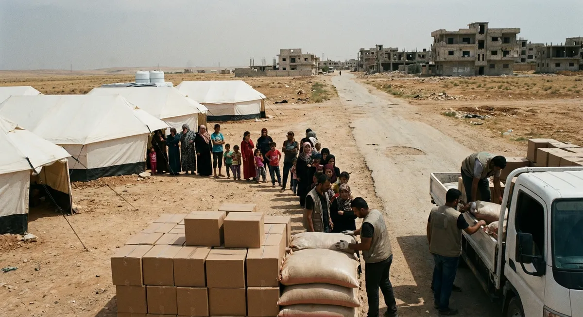 Slika je umetno generirana iz tem: obnove, humanitarnost, vojne, bivanje