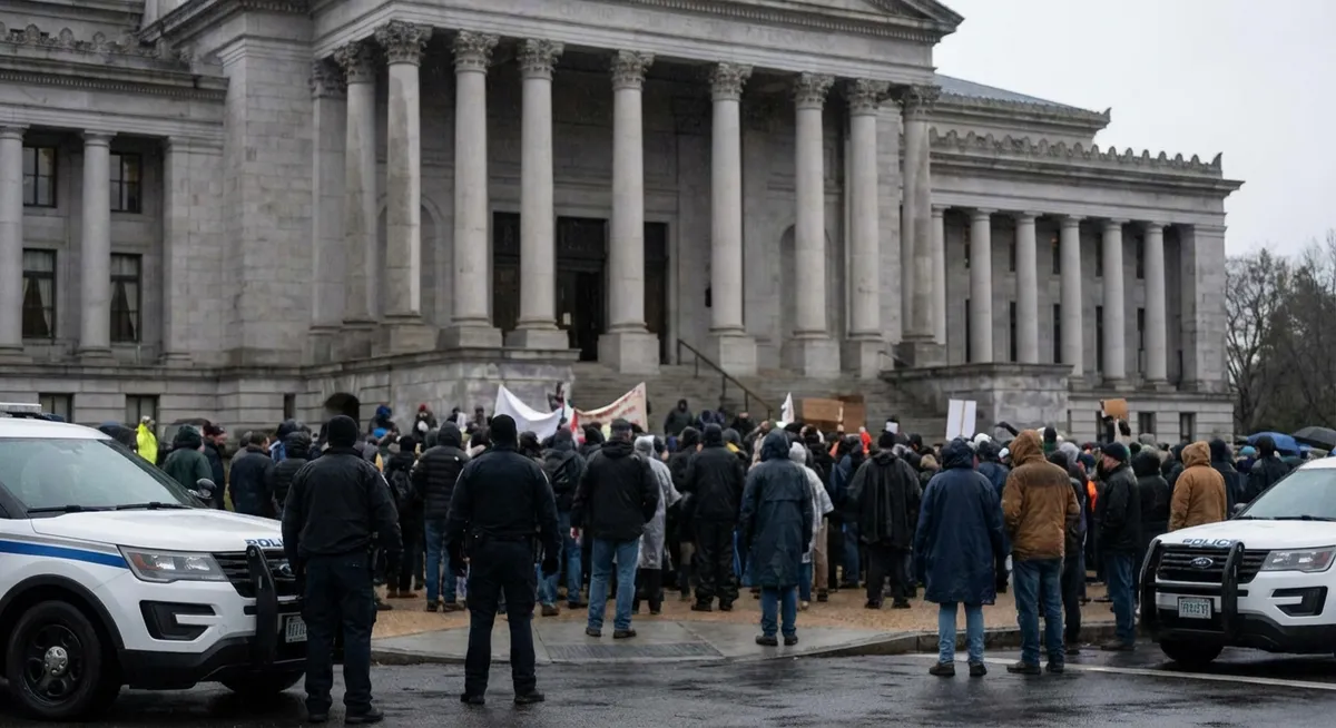 Slika je umetno generirana iz tem: izgredi, azilna politika, sodni postopki, protesti, sodstvo, nasilje