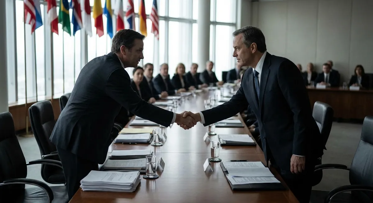 Slika je umetno generirana iz tem: mednarodni odnosi, diplomacija, oboroženi spopadi, pogajanja, konflikti