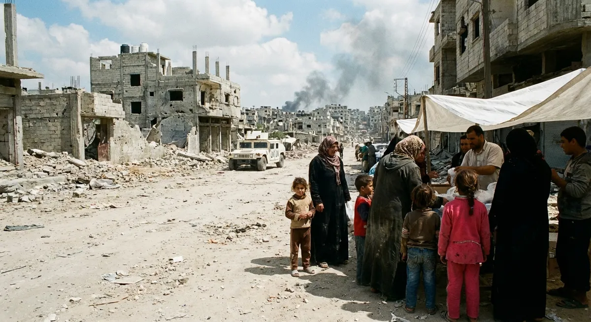 Slika je umetno generirana iz tem: vojne, vojaške operacije, politika, humanitarna pomoč, konflikti, mednarodni odzivi, mednarodni odnosi, uničenje gaze, lakota, gaza, protesti, palestinsko-izraelski konflikt, združeni narodi, agencija zn za hrano, humanitarne krize