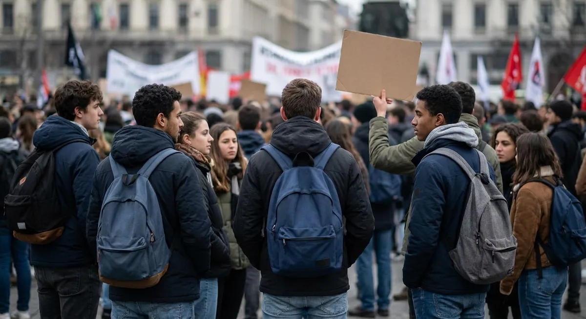 Slika je umetno generirana iz tem: korupcija, podnebne spremembe, generacija z, protesti, gospodarska nestabilnost, državni udari