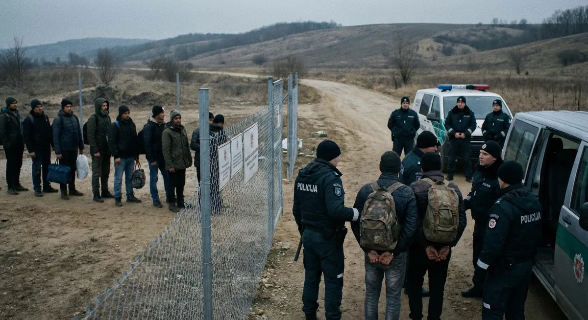 Slika je umetno generirana iz tem: aretacije, deportacije, zvezni agenti, policija, izvrševanje priseljenske zakonodaje, policijsko nasilje, državljanske pravice, državnost, napetosti, migracije, mednarodni odnosi, protesti, posredovanja policije