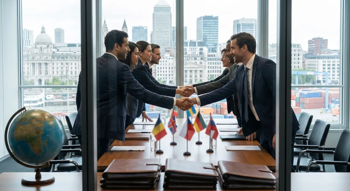 Slika je umetno generirana iz tem: mednarodni odnosi, trgovina, bilateralni odnosi, gospodarstvo, regionalna politika, diplomacija