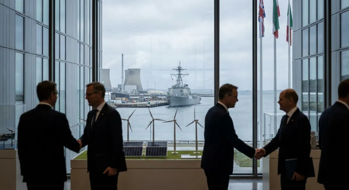 Slika je umetno generirana iz tem: jedrska energija, mednarodni odnosi, obramba, diplomacija