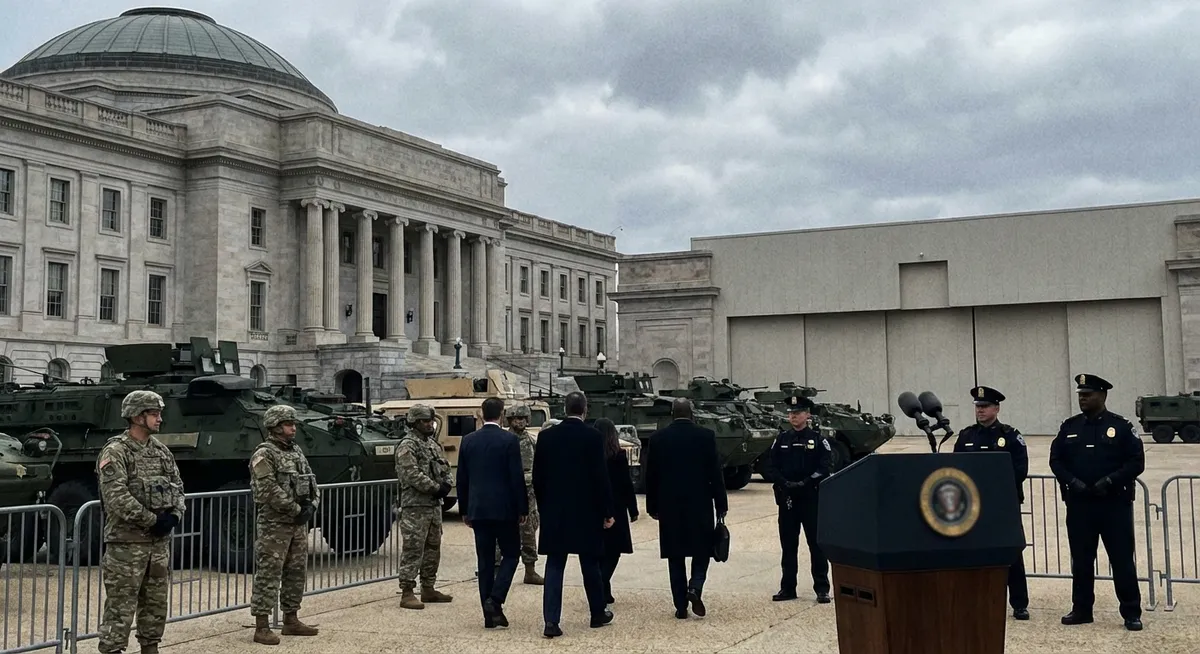 Slika je umetno generirana iz tem: nacionalna garda, politika, mednarodni odnosi, varnost, kriminal