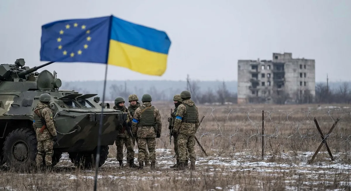 Slika je umetno generirana iz tem: evropska unija, vojska, politika, protiletalska obramba, oboroževanje, mednarodni odnosi, propaganda, vojaške operacije, pogajanja, diplomacija, energetika, mednarodna podpora, varnost, rusija, ukrajina, rusko-ukrajinska kriza, rusko-ukrajinski konflikt, obramba