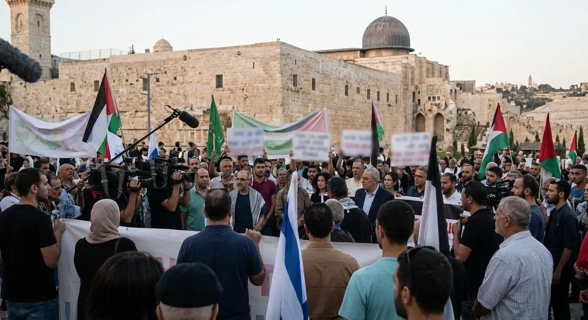 Slika je umetno generirana iz tem: palestina, premirje, izrael, protesti, mednarodni odnosi