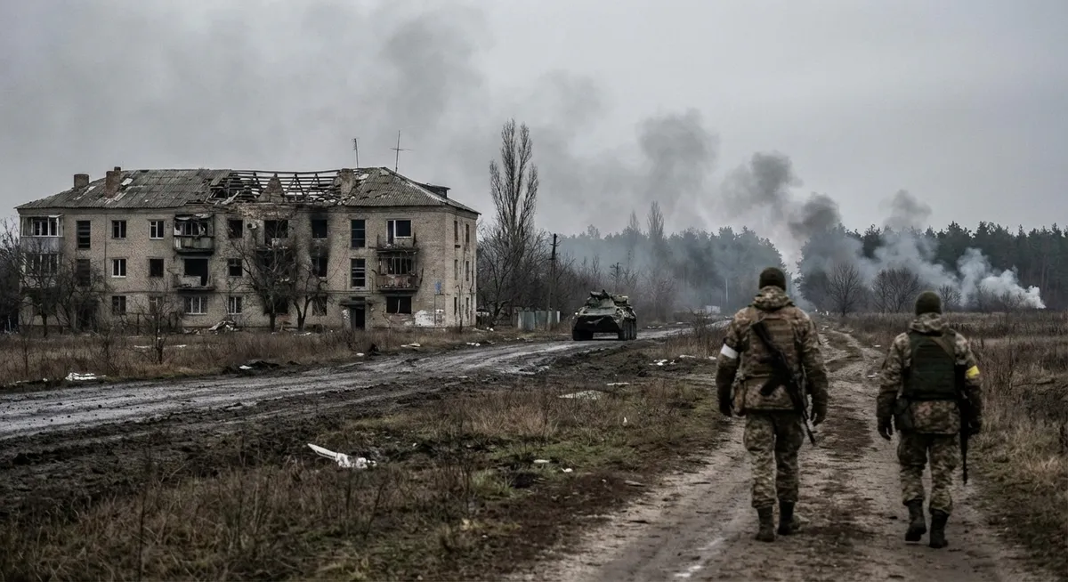 Slika je umetno generirana iz tem: napadi, rusko-ukrajinski konflikt, žrtve, obramba, oboroženi spopadi, mednarodni odnosi, vojne