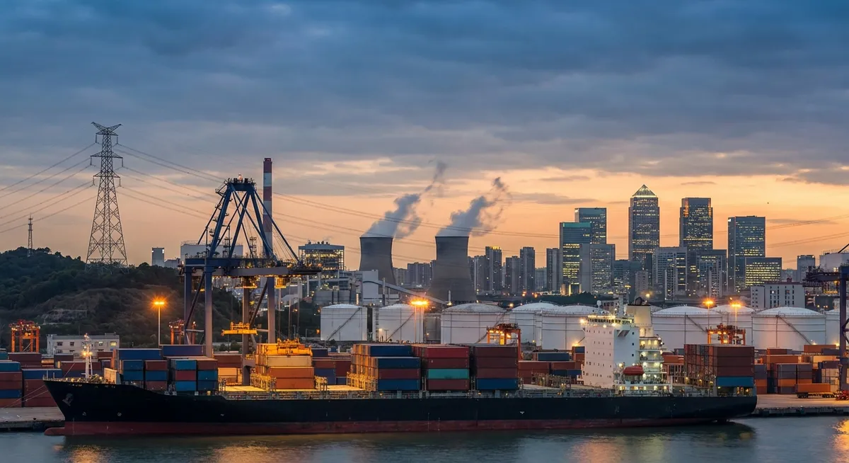 Slika je umetno generirana iz tem: gospodarstvo, industrija, energetika, umetna inteligenca, okolje