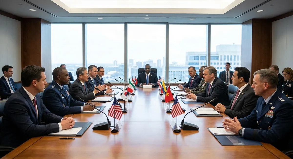 Slika je umetno generirana iz tem: mednarodni odnosi, vojska, pogajanja