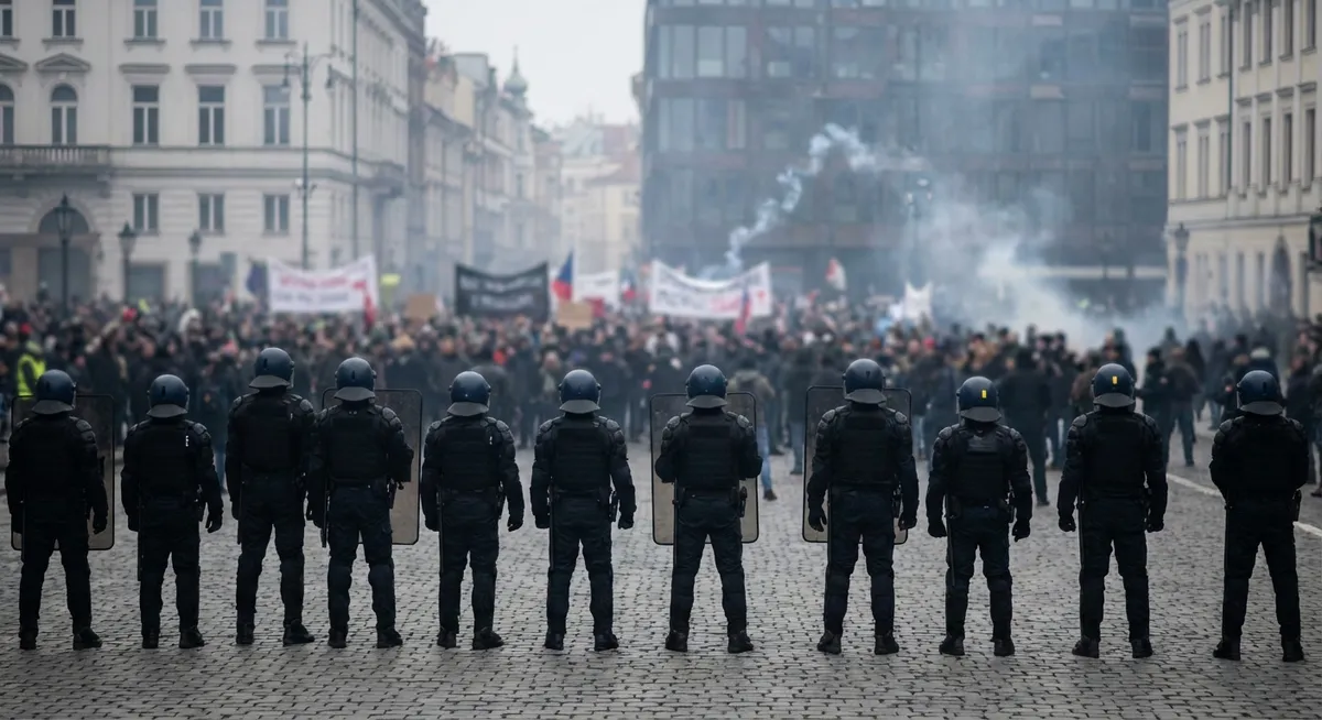 Slika je umetno generirana iz tem: kazenske ovadbe, afd, protesti, policija