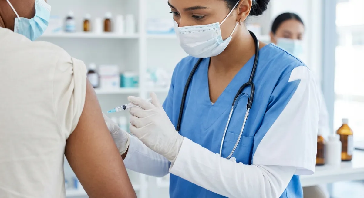 Slika je umetno generirana iz tem: javno zdravstvo, dostop do informacij, cepljenje, farmacevtska industrija