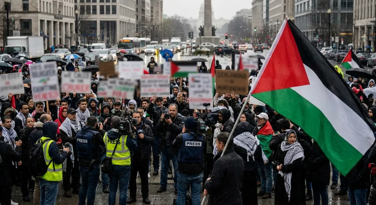 Slika je umetno generirana iz tem: mediji, politika, protesti, gaza, palestina, izrael