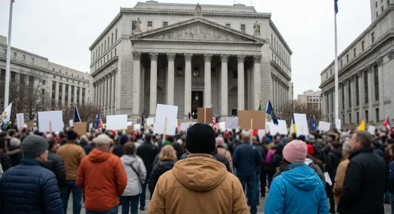 Slika je umetno generirana iz tem: politika, pravo, protesti