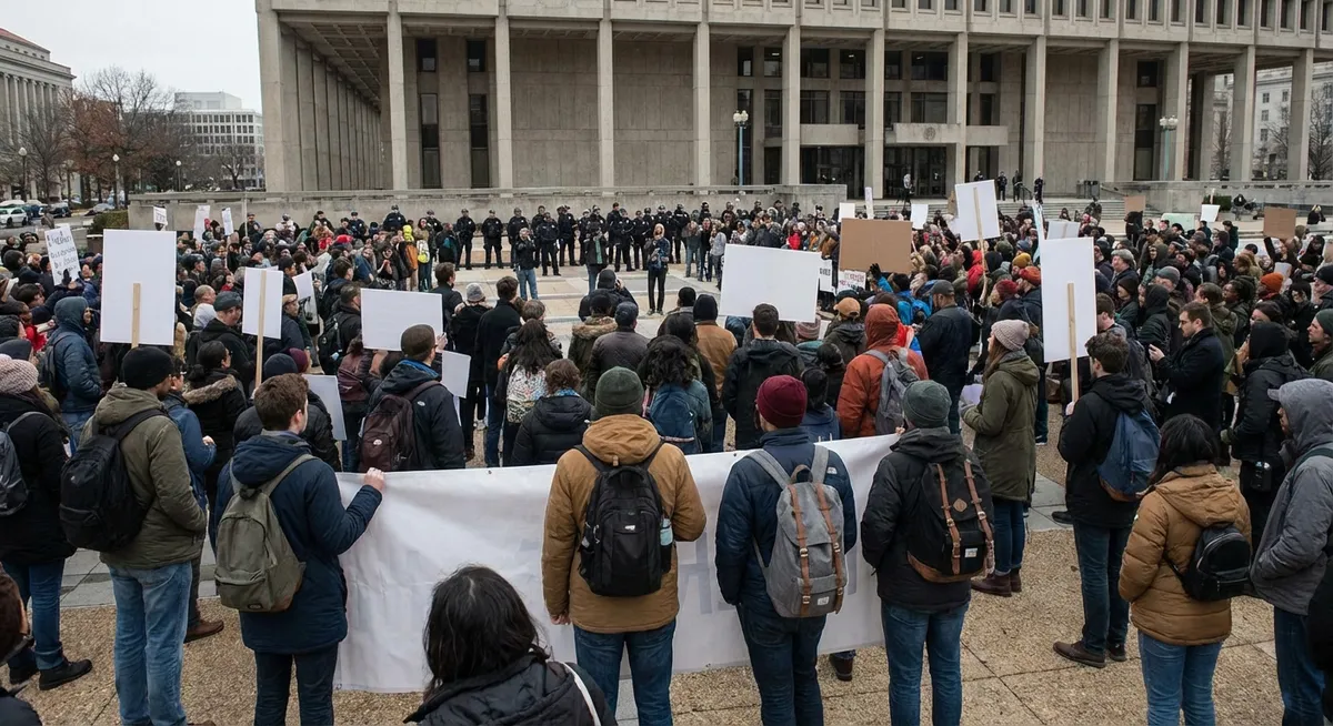Slika je umetno generirana iz tem: migracije, deportacije, človekove pravice, protesti