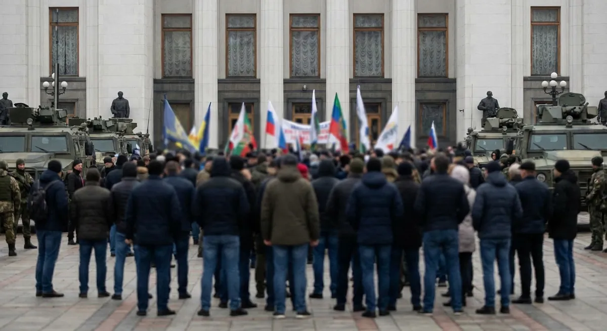 Slika je umetno generirana iz tem: protesti, varnost, politika