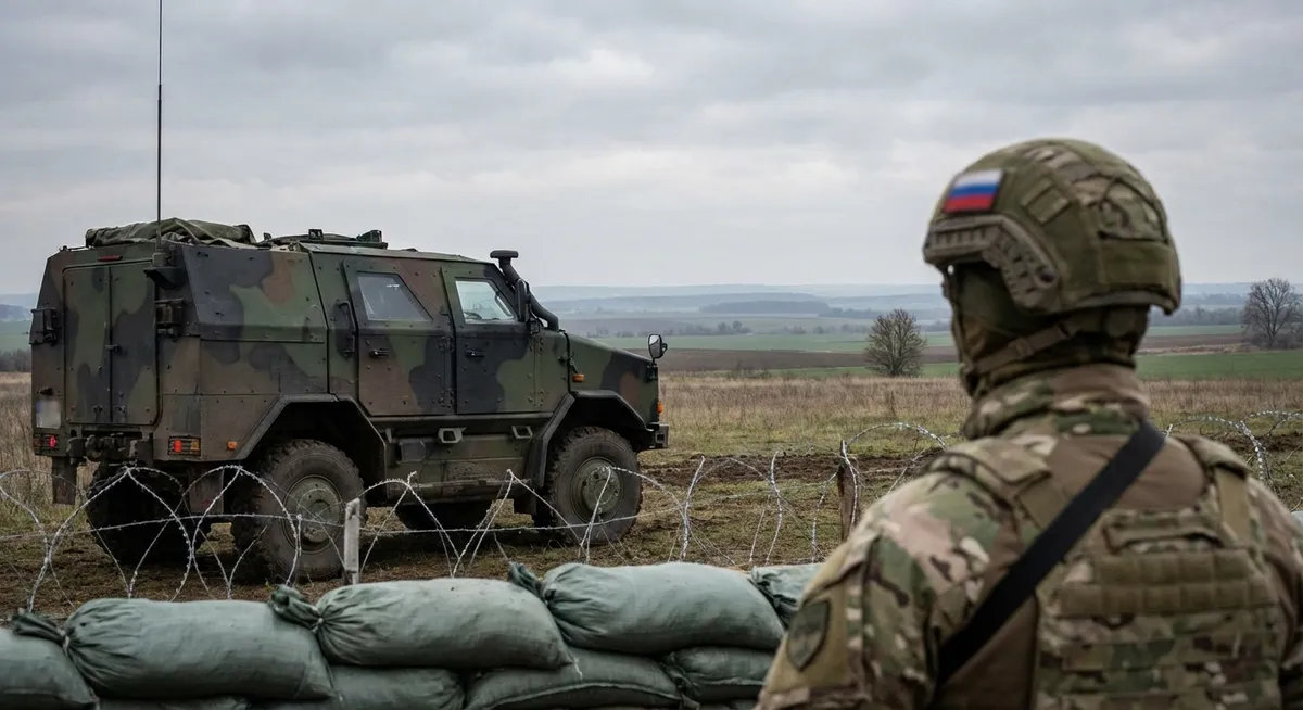 Slika je umetno generirana iz tem: mednarodni odnosi, rusko-ukrajinski konflikt, teroristični napadi, ruska vojska, ukrajinska vojska, oboroženi spopadi, obramba
