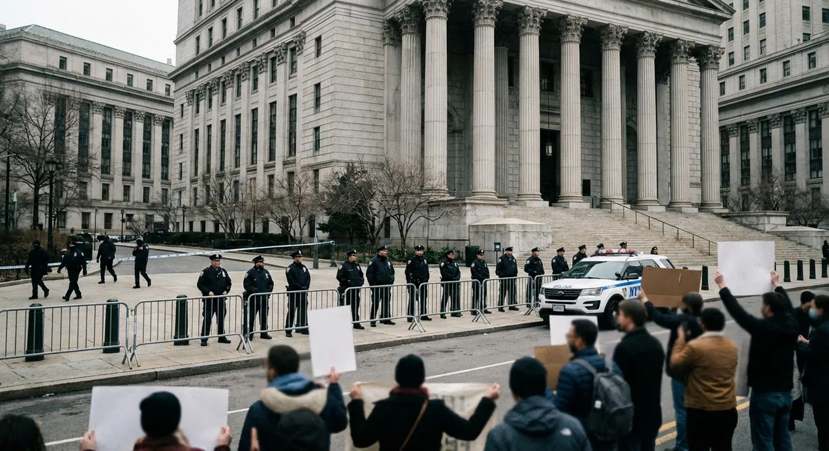 Slika je umetno generirana iz tem: zločini proti človečnosti, protesti, mednarodno pravo, sodstvo, politično nasilje