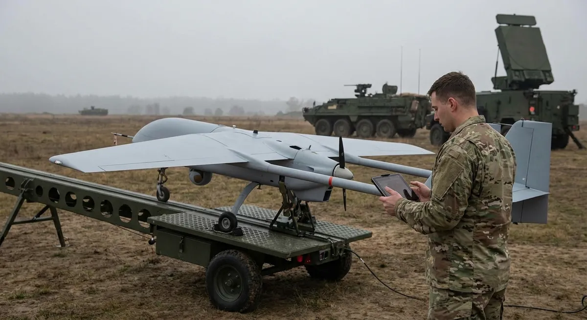 Slika je umetno generirana iz tem: obramba, mednarodni odnosi, tehnologija, vojska