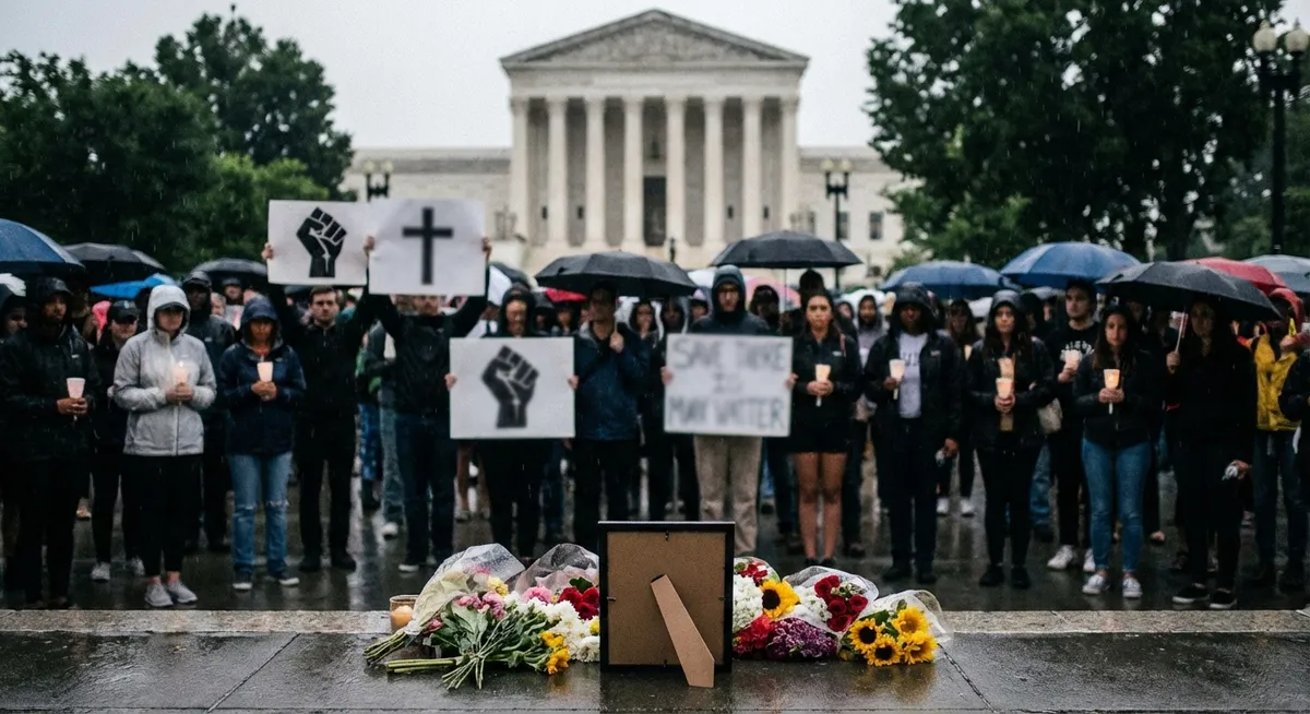 Slika je umetno generirana iz tem: protesti, korupcija, žrtve