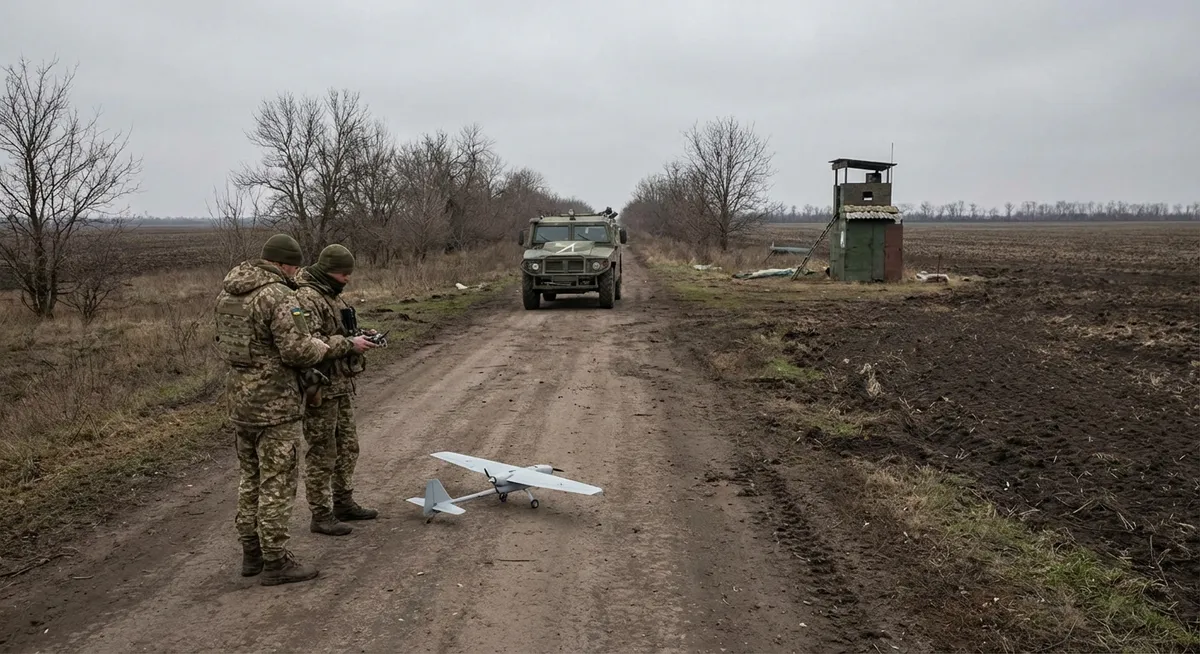 Slika je umetno generirana iz tem: proizvodnja dronov, rusko-ukrajinski konflikt, zračni prostor, mednarodni odnosi, politika, obrambna industrija, financiranje, tehnologija, varnost, politika eu, zid dronov, evropska unija, droni, rusija, obramba, vdori v zračni prostor