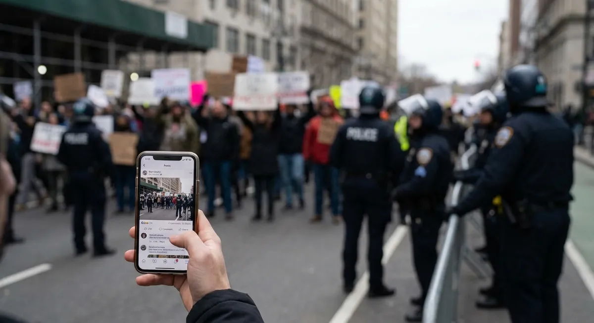Slika je umetno generirana iz tem: nasilje, politična nestabilnost, protesti, socialni mediji, človekove pravice