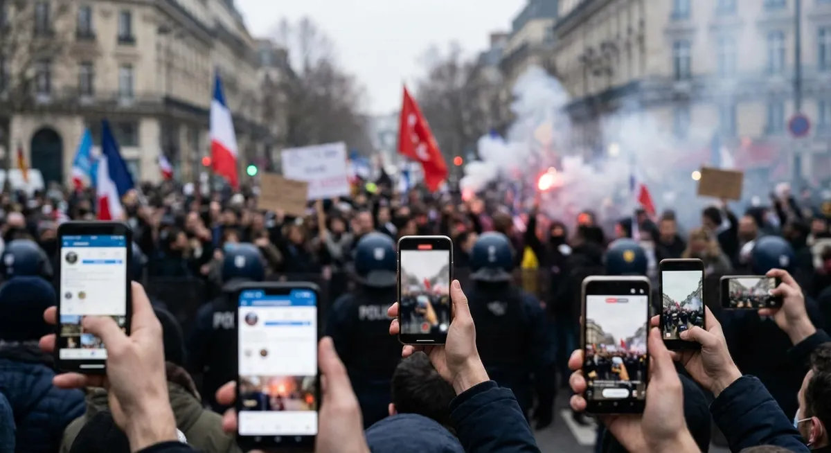 Slika je umetno generirana iz tem: nasilje, protesti, prepovedi, nemiri, odstopi, politična nestabilnost, socialni mediji