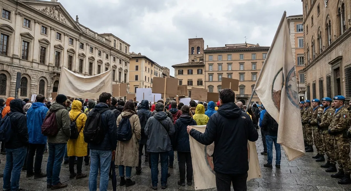 Slika je umetno generirana iz tem: vojaško nasilje, protesti, človekove pravice