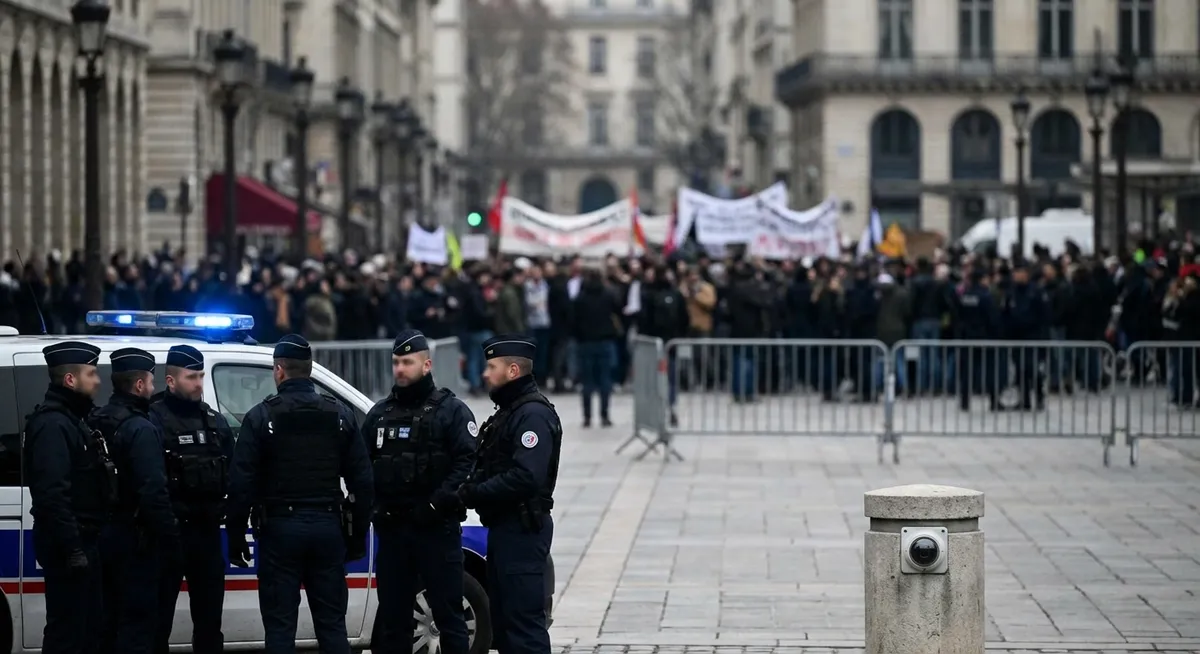 Slika je umetno generirana iz tem: izobraževanje, protesti, varnost