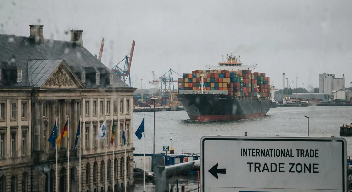 Slika je umetno generirana iz tem: gospodarstvo, trgovinski dogovori, politika, trgovina, carine, trgovinska politika, mednarodni odnosi, sodstvo, sodni postopki