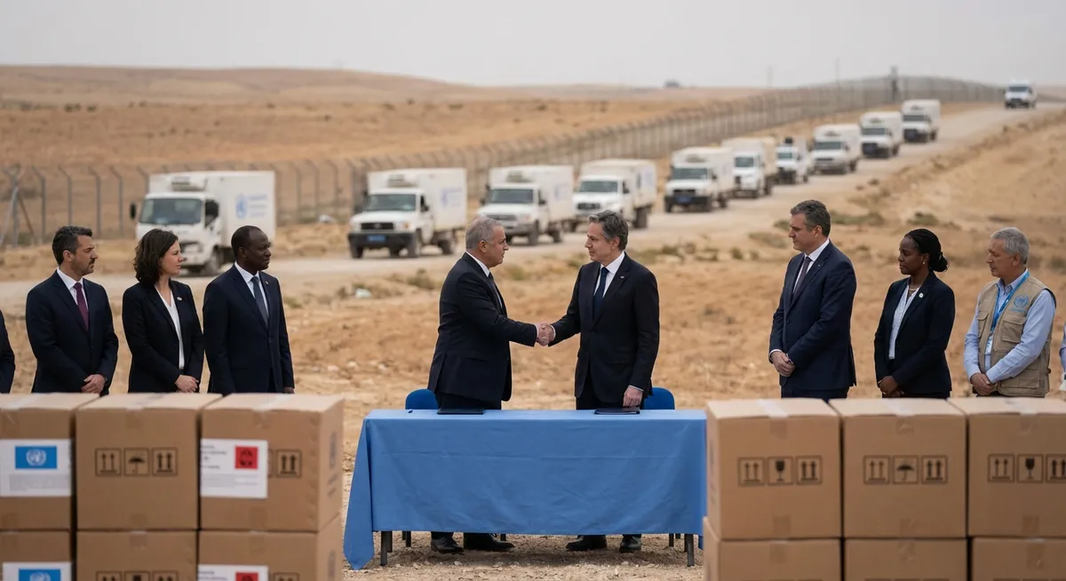 Slika je umetno generirana iz tem: palestinsko-izraelski konflikt, diplomacija, bližnji vzhod, premirje, humanitarna pomoč, konflikti, mednarodna varnost, mirovni procesi, mir, mednarodni odnosi, politika, pogajanja