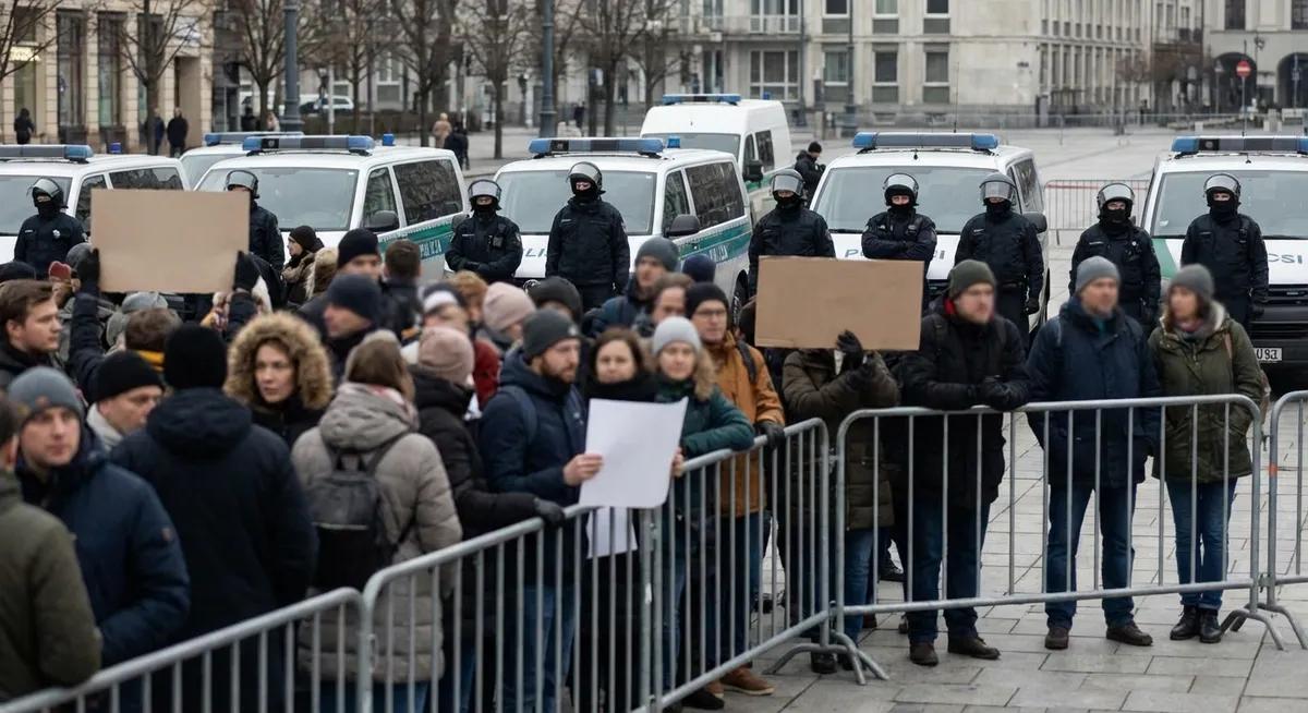 Slika je umetno generirana iz tem: protesti, begunci, azil, nasilje
