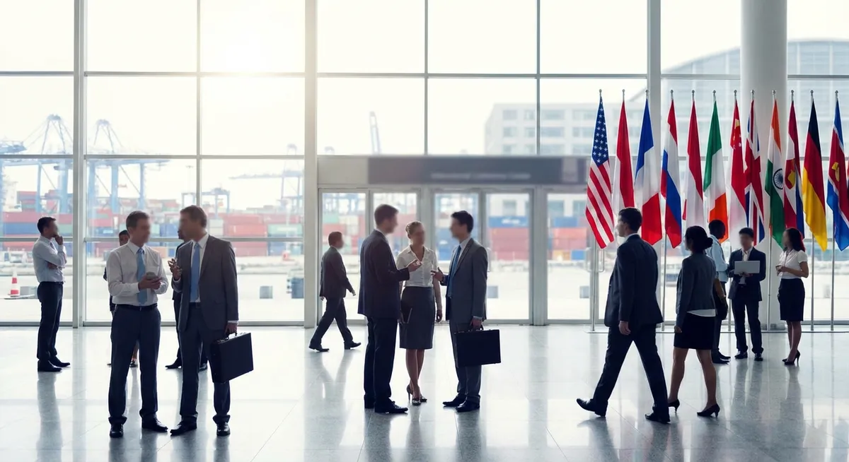 Slika je umetno generirana iz tem: diplomacija, carine, trgovina