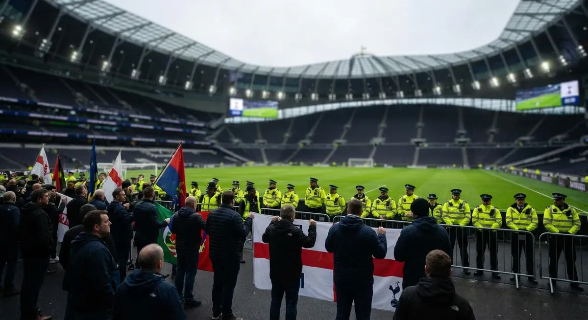 Slika je umetno generirana iz tem: notranja politika, nogomet, stadioni, varnost, protesti, nasilje