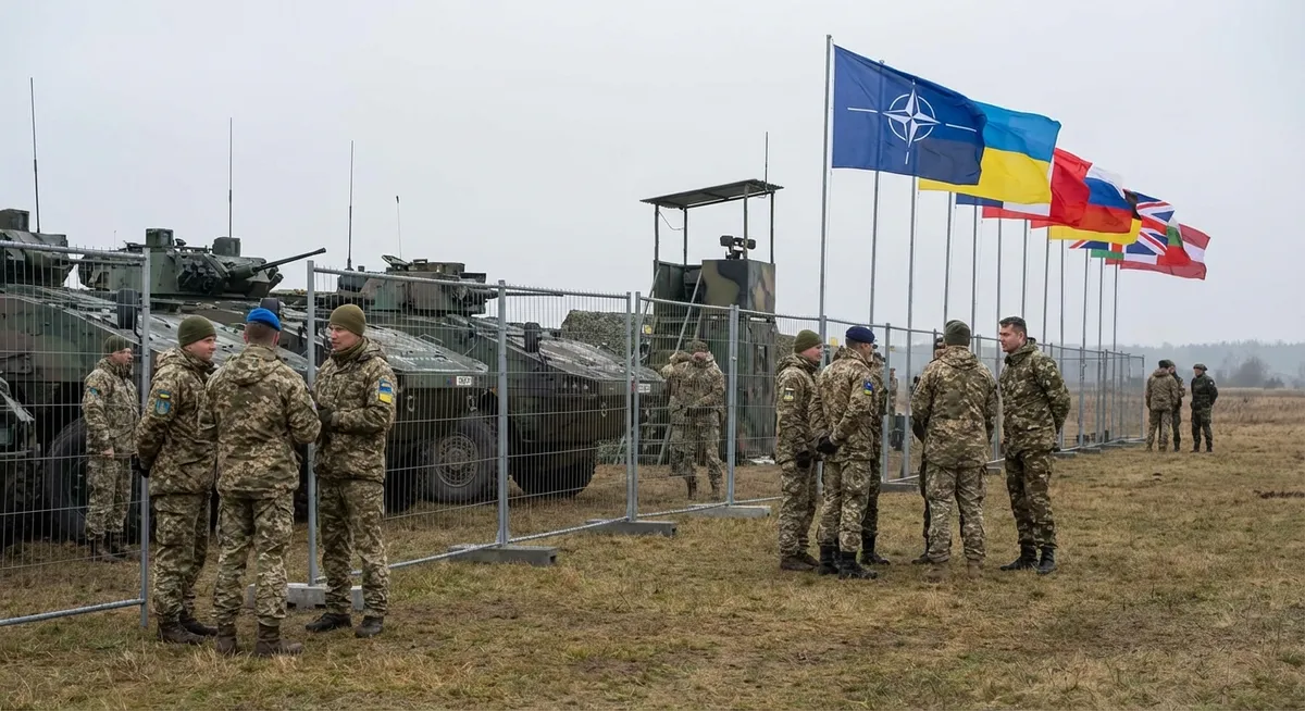 Slika je umetno generirana iz tem: ukrajina, evropske mirovne sile, dobave orožja, mednarodna varnost, nato