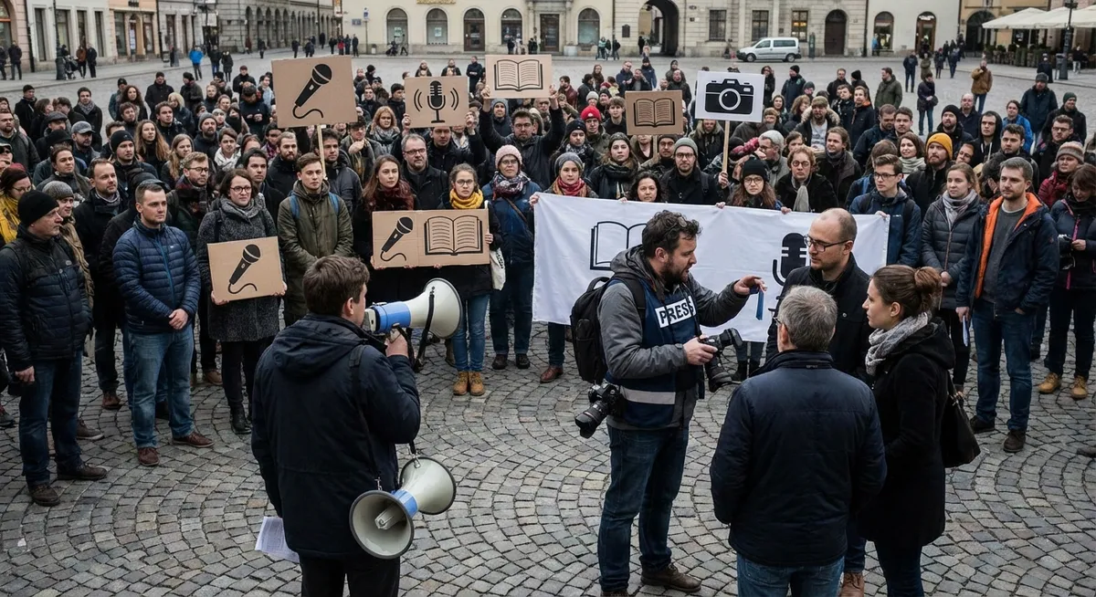 Slika je umetno generirana iz tem: avtoritarnost, protesti, umetniška integriteta, svoboda govora, svoboda tiska, okoljski aktivizem