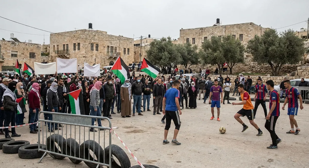 Slika je umetno generirana iz tem: kolesarstvo, mednarodni odnosi, šport, aretacije, palestina, protesti, politika