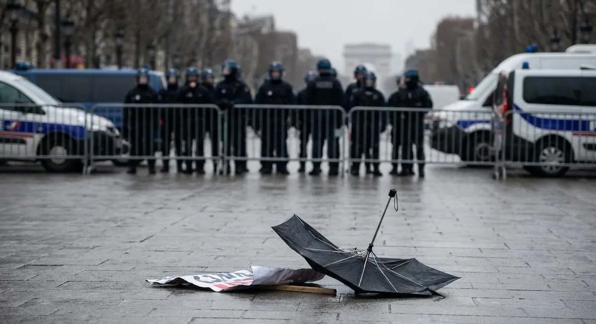 Slika je umetno generirana iz tem: protesti, nasilje, varnost, streli, politika, dezinformacije, kriminal