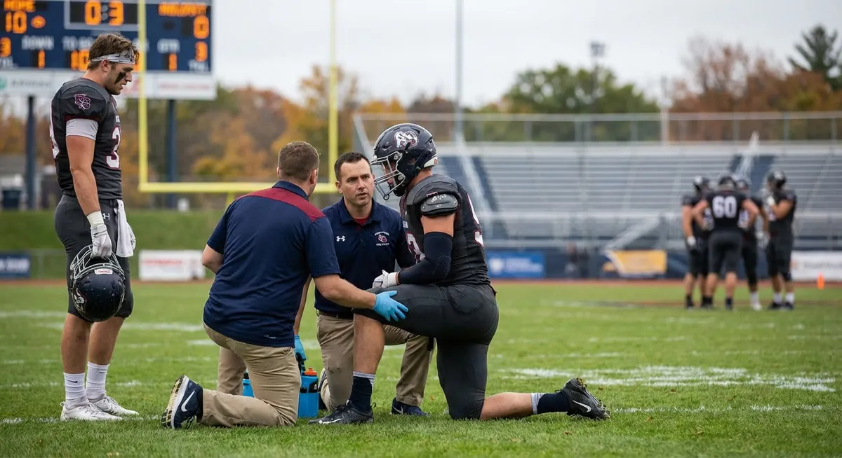 Slika je umetno generirana iz tem: ameriški nogomet, poškodbe igralcev, šport, poškodbe, vrnitev v igro